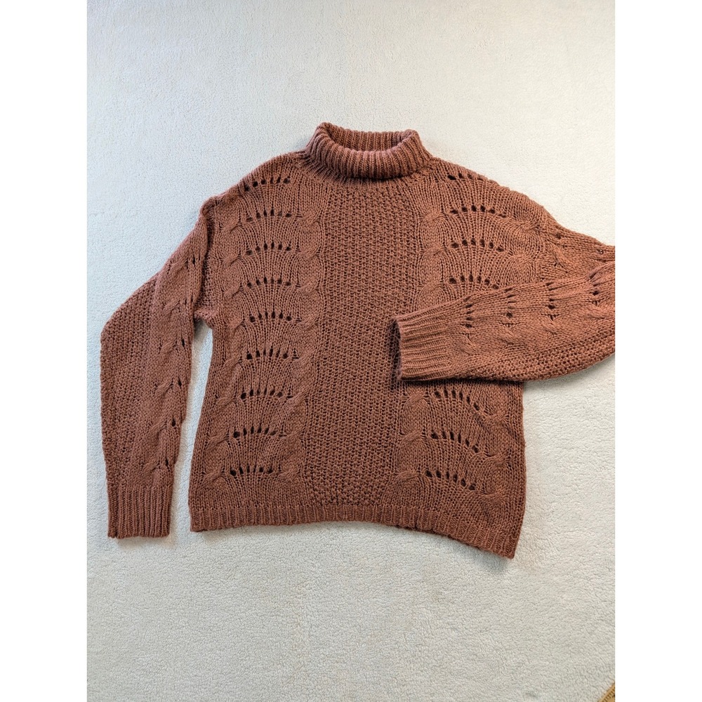Earthbound Trading Co Womens Rust Brown Mock Neck Cable Knit Pointelle Sweater S